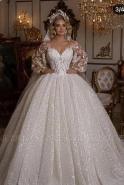 Luxury Sweetheart Sparkly Sequins Ball Gown With Long Puffy Sleeves
