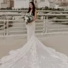 V-Neck Backless Mermaid Wedding Dress Tulle Lace Appliques Long Bridal Dress