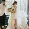 Chic Long Sleeves Tulle Hi-Lo Wedding Dress Floral Lace Aline Bridal Dress