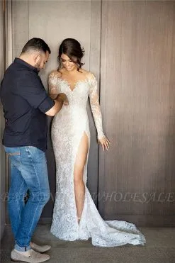 New Full Lace Split Wedding Dresses Illusion Back Bridal Gowns With Detachable Satin Skirt
