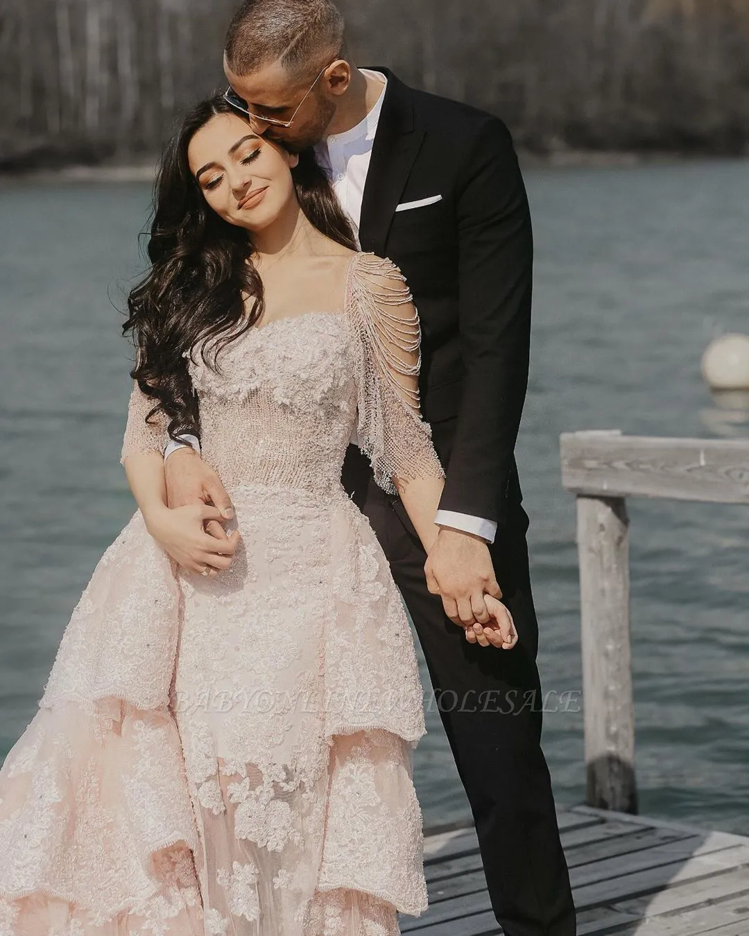 Stylish Long Sleeves Mermaid Wedding Reception With Layers Of Detachable Train - Image 6