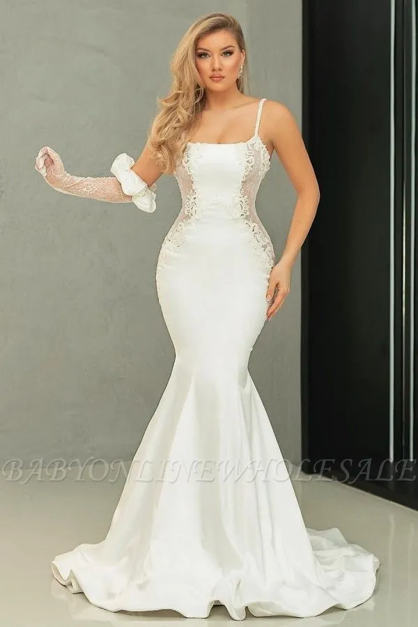 Chic Spaghetti Straps Floral Satin Mermaid Wedding Dress