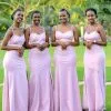 New Mermaid Spaghetti Straps Fit Split Pink Bridesmaid Dresses | Elegant Sweetheart Long Gowns