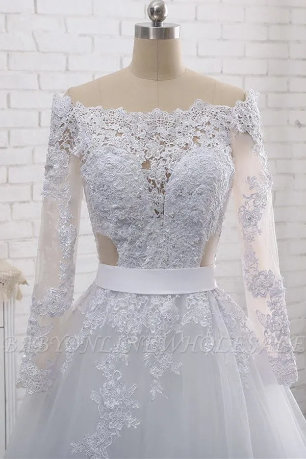 Beautiful Bateau Beading Floor Length Long Sleeves A-Line Tulle Lace Wedding Dress With Appliques - Image 5