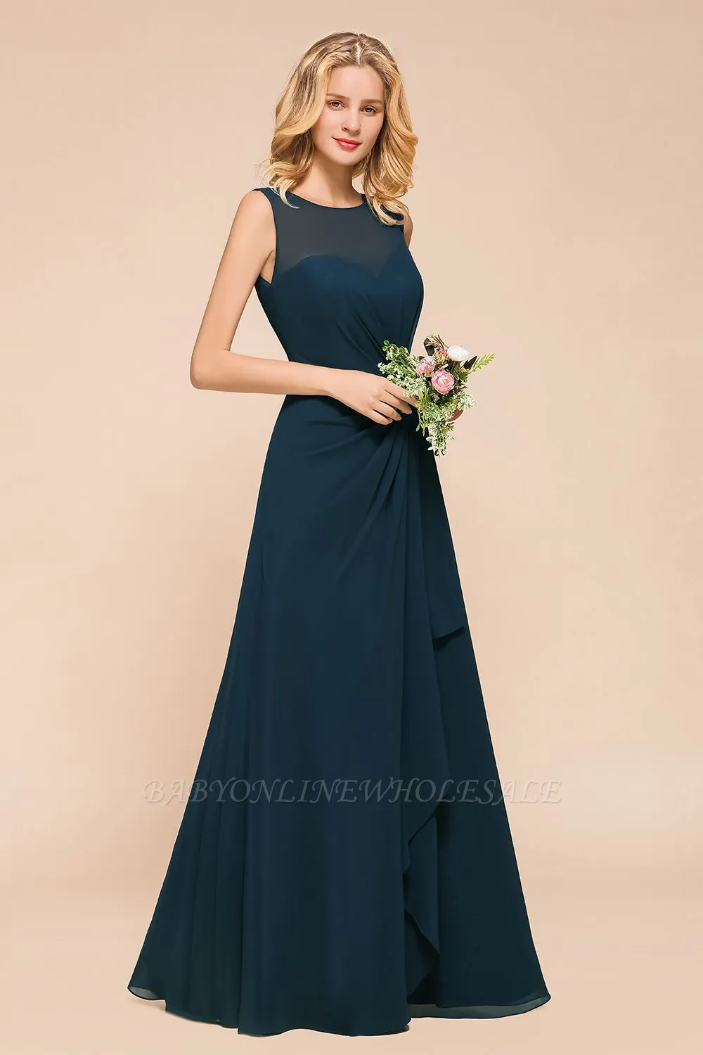 Jewel Neck Sleeveless A-line Bridesmaid Dress With Ruffle Chiffon - Image 4