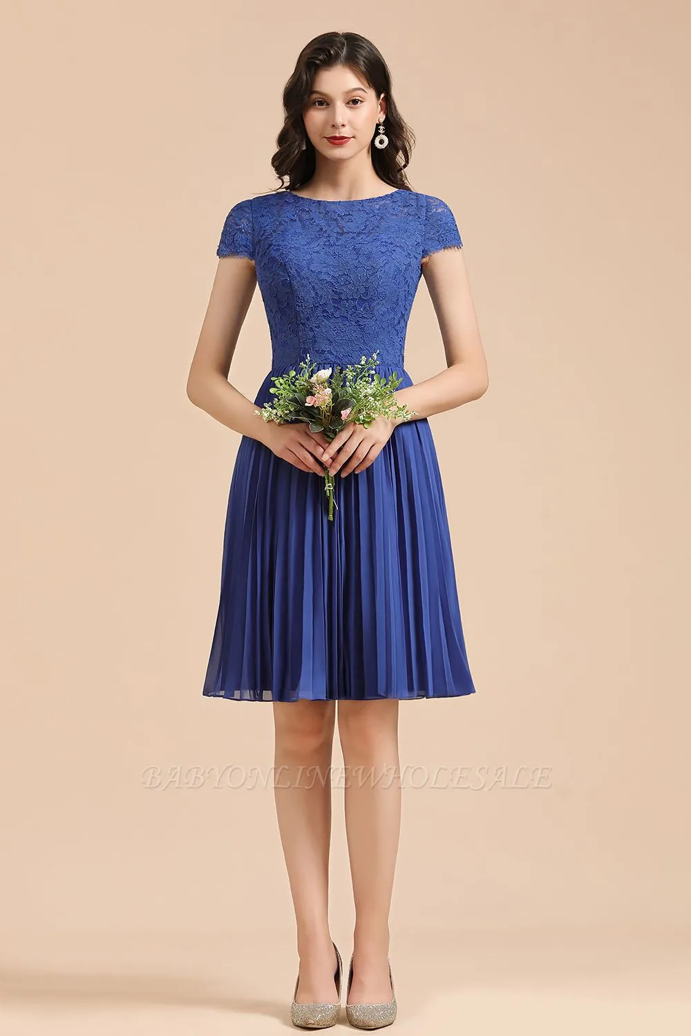 Stylish Floral Lace Appliques Mini Dress Royal Blue Short Sleeves Knee Length Daily Casual Dress - Image 5