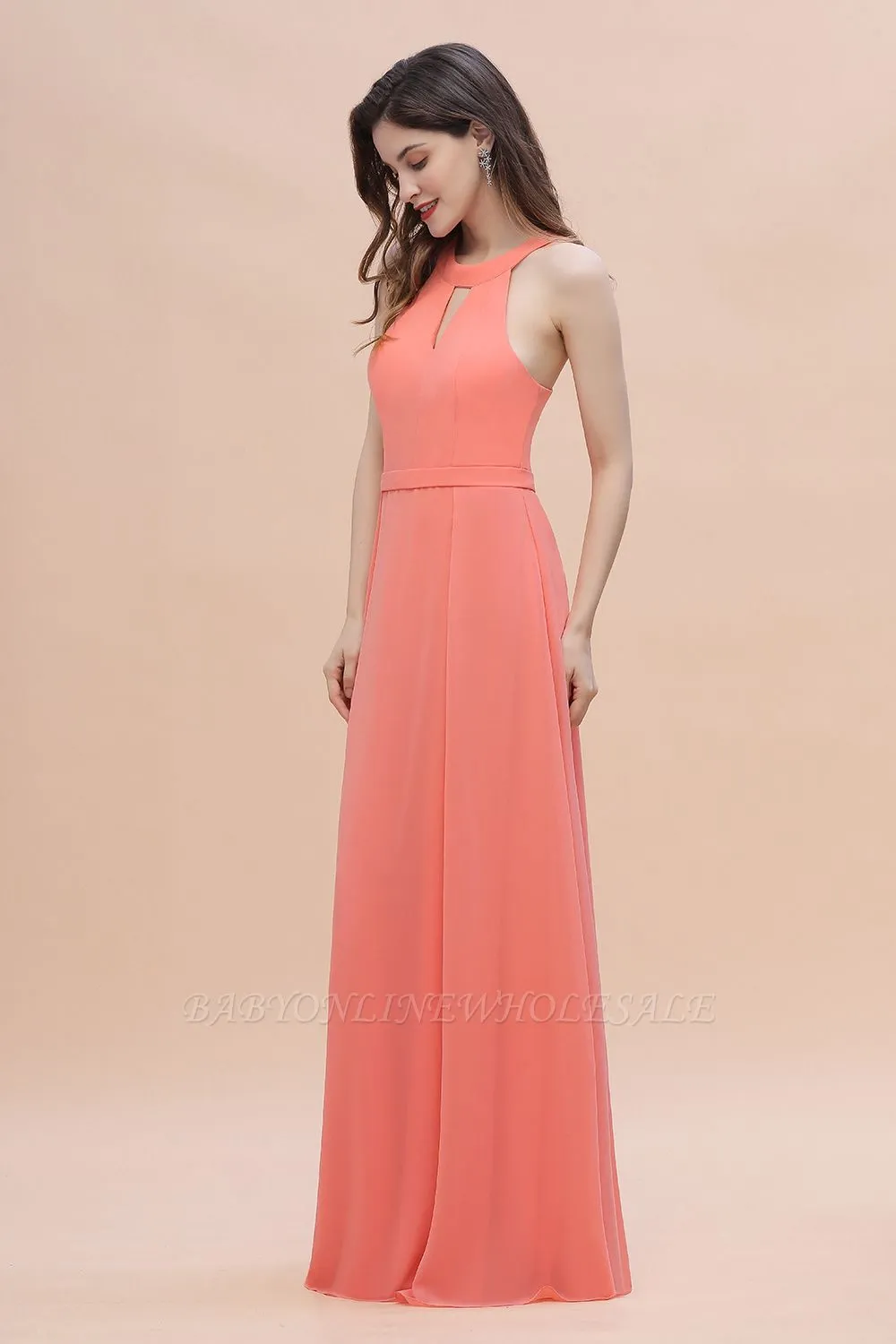 Halter Chiffon Floor Length Wedding Guest Dress Aline Bridesmaid Dress - Image 5