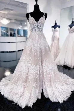 A-line Pricess White Lace Wedding Dress