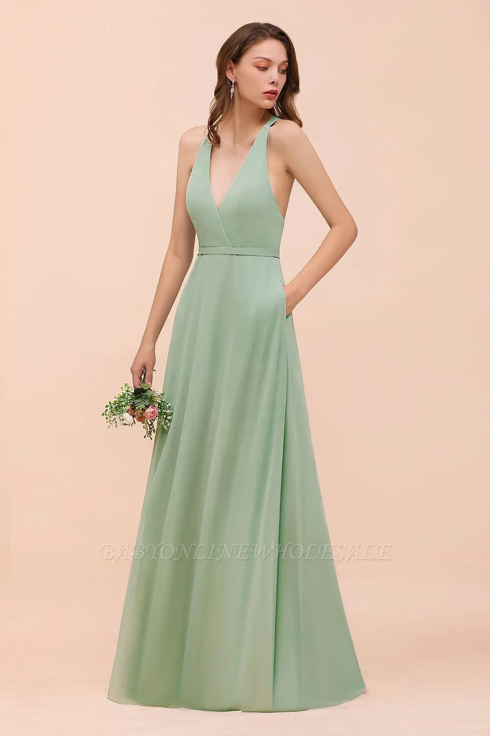 Mint Green V-Neck Sleeveless Bridesmaid Dress Aline Formal Dress - Image 6