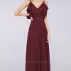 Chiffon A-Line V-Neck Straps Sleeveless Ruffles Long Bridesmaid Dress With Pearls