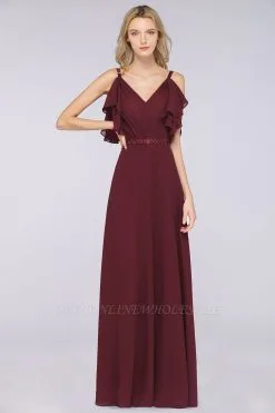 Chiffon A-Line V-Neck Straps Sleeveless Ruffles Long Bridesmaid Dress With Pearls