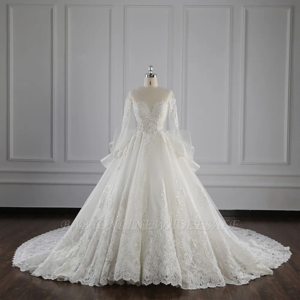 Charming Long Sleeves Floor Length Jewel Tulle Wedding Dress With Ruffles