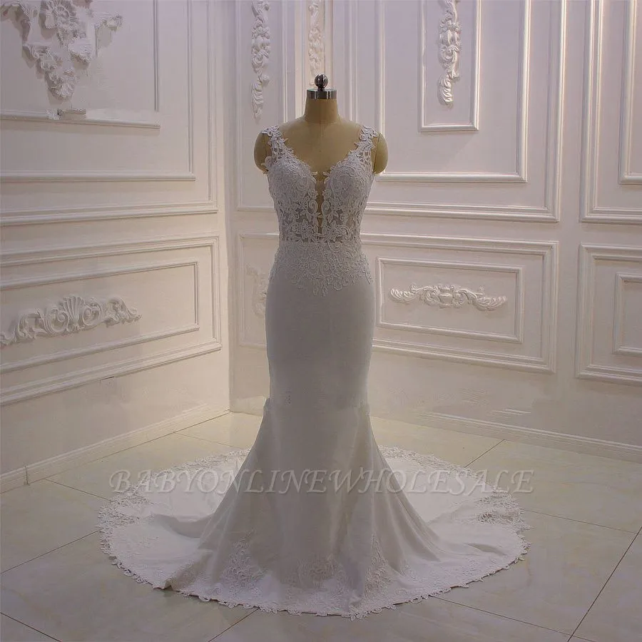 Elegant Sleeveless Lace V-neck Column White Court Train Wedding Dress - Image 6