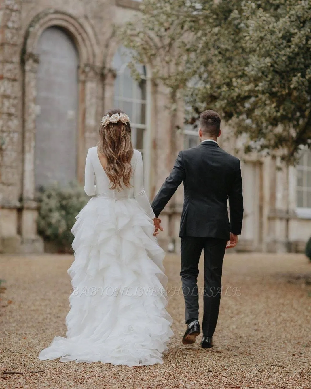 Long Sleeves Low Back White Ruffles Wedding Dress With Court Train - Image 4