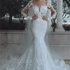 Luxury Beaded Lace Mermaid Wedding Dresses With Sleeves | Sheer Tulle Appliques Bride Dresses