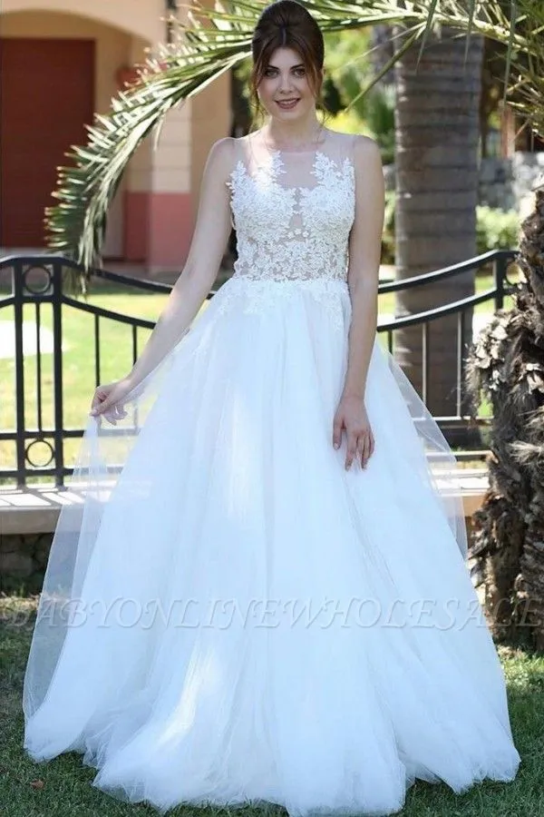 Glamorous White Lace Tulle Simple Wedding Dress Sleeveless