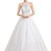 Elegant White Beaded Halter Ball Gown Lace Wedding Dress
