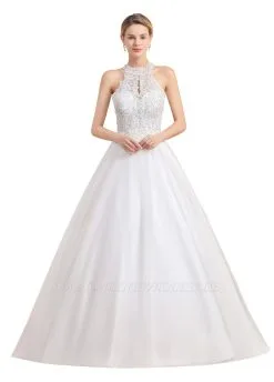 Elegant White Beaded Halter Ball Gown Lace Wedding Dress