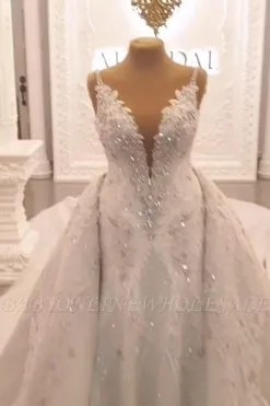 V-neck Beads Sparkles Gems Wedding Dress With Overskirt