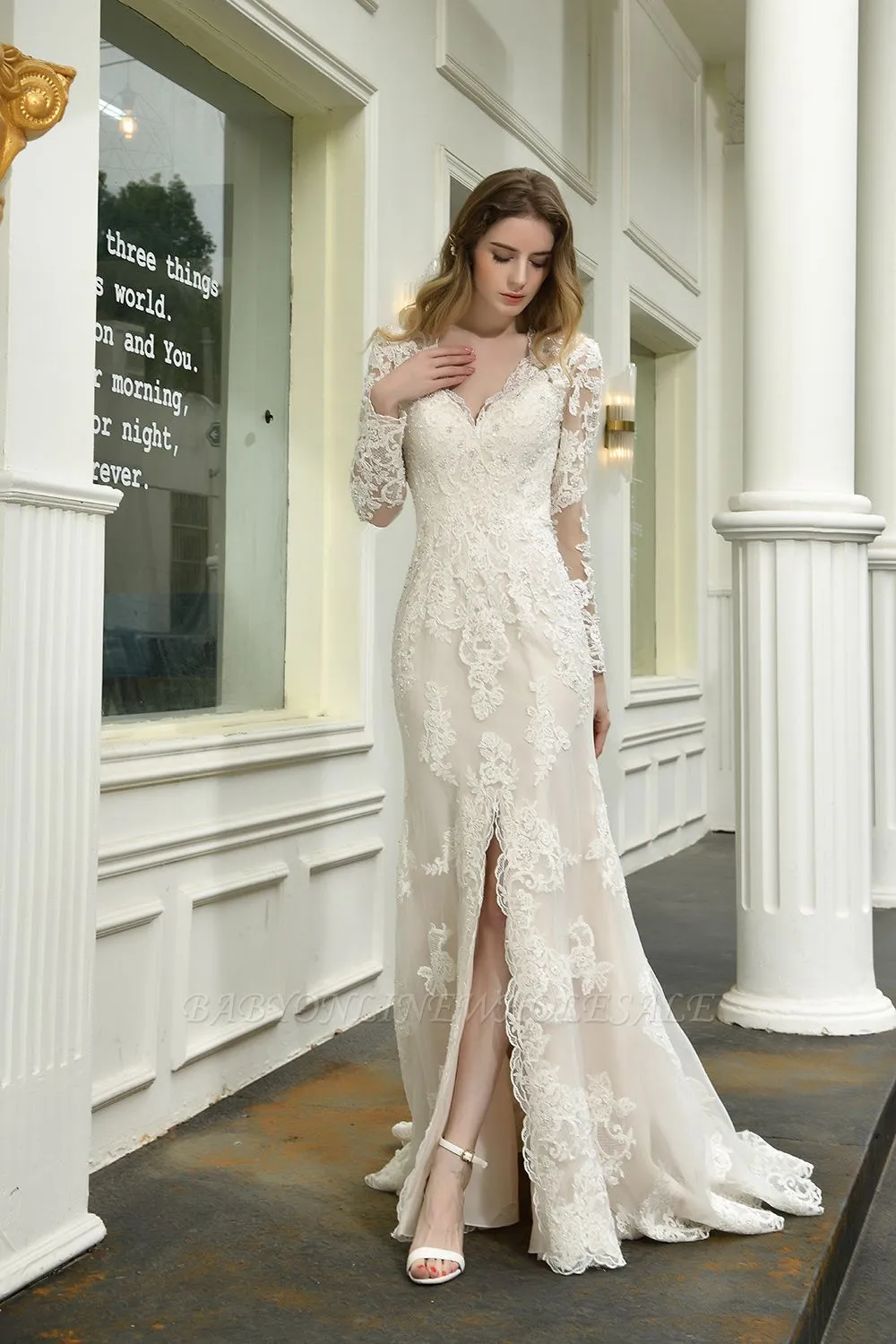 Delicate V-Neck High Split Long Sleeves Lace Wedding Dress With Court Train - Image 4