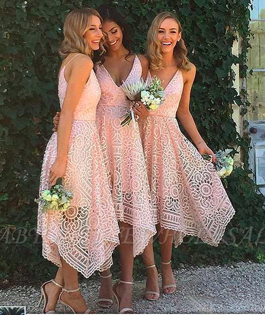 Newest Lace Spaghetti-Strap Sleeveless A-line Tea-Length Bridesmaid Dress - Image 2