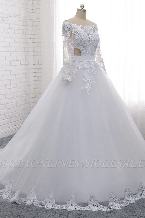 Beautiful Bateau Beading Floor Length Long Sleeves A-Line Tulle Lace Wedding Dress With Appliques - Image 3