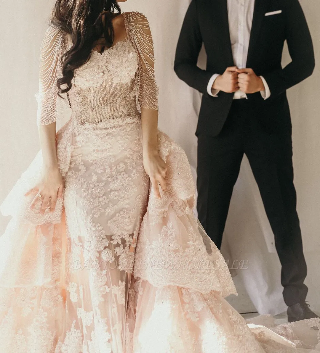 Stylish Long Sleeves Mermaid Wedding Reception With Layers Of Detachable Train - Image 3