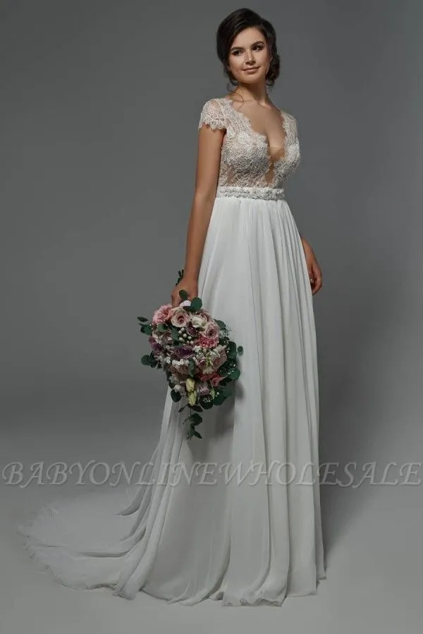 Cap Sleeves V-neck Chiffon Simple Wedding Dress Floor Length