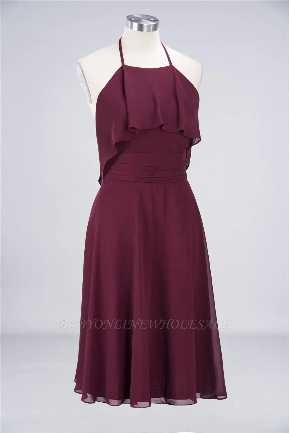 Chiffon A-Line Halter Sleeveless Short Bridesmaid Dress With Ruffles - Image 3