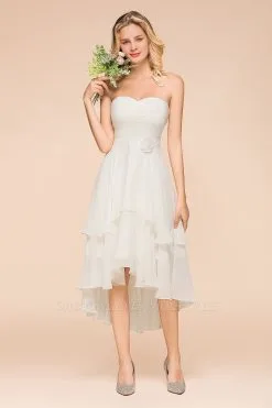 Sweetheart Sleeveless White Hi-Lo Bridesmaid Dress Ruffle Chiffon