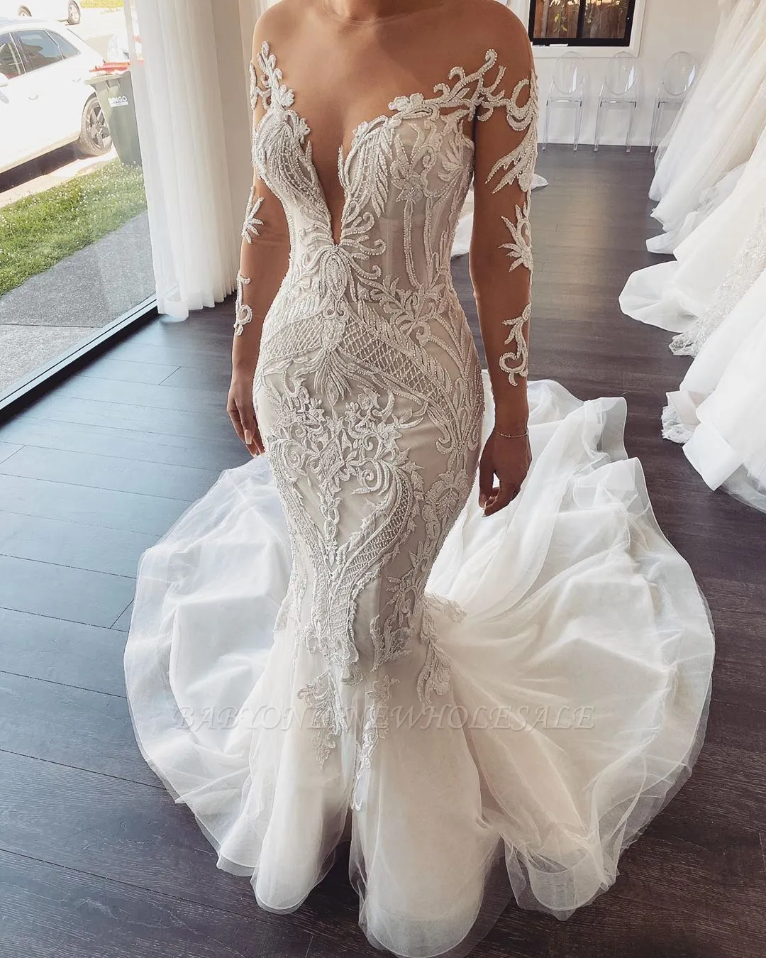 Long Sleeves V-neck Lace Mermaid White Wedding Dresses Online - Image 3