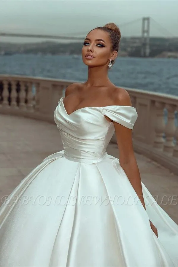 Elegant Off The Shoulder Strapless Satin Ball Gown Wedding Dress - Image 3