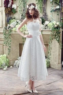 Elegant Sweetheart Lace Wedding Dress Ankle Length Empire Bridal Gown