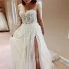 Charming Floor Length Strapless Sleeveless A Line Lace Tulle Wedding Dress With Beading