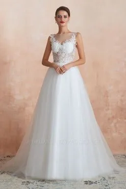 Caltha | Beautiful Bateau Neck White Wedding Dress With Sparkling Sequins, Babyonlinedress Design Lace Bridal Gowns
