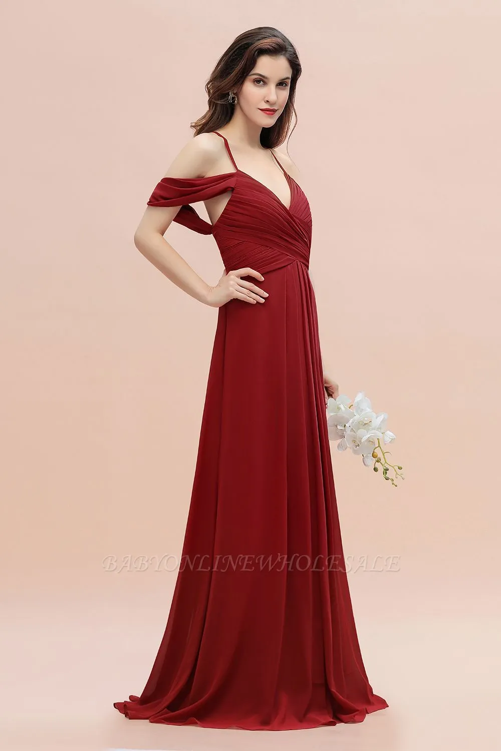 Elegant V-Neck Pleated Chiffon Bridesmaid Dress With Straps Cross Back Wedding Guest Dress - Image 3