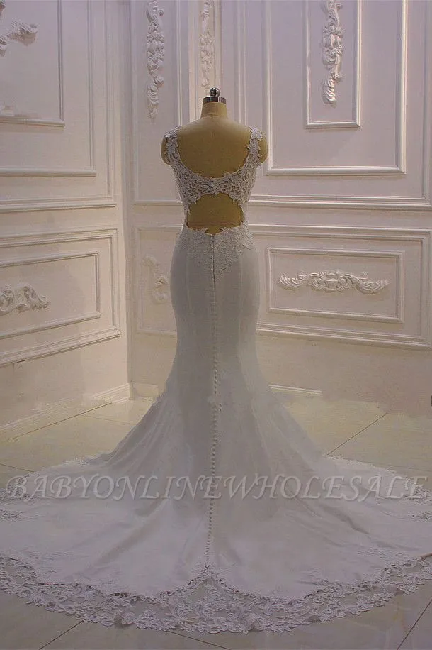 Elegant Sleeveless Lace V-neck Column White Court Train Wedding Dress - Image 3