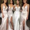 Sexy Split Spaghetti Straps Bridesmaid Dress | Sheath Sleeveless V-neck Maid Of Honor Dress