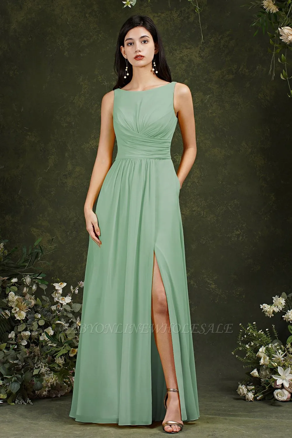 Bateau Ruffles Chiffon Floor-length A-Line Split Bridesmaid Dress With Pockets - Image 4