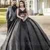 Sleeveless A-line Satin Ball Gown Black Lace Appliques