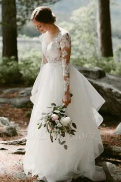 Charming White Floral Lace Wedding Dress Tulle Long Sleeve Garden Bridal Dress