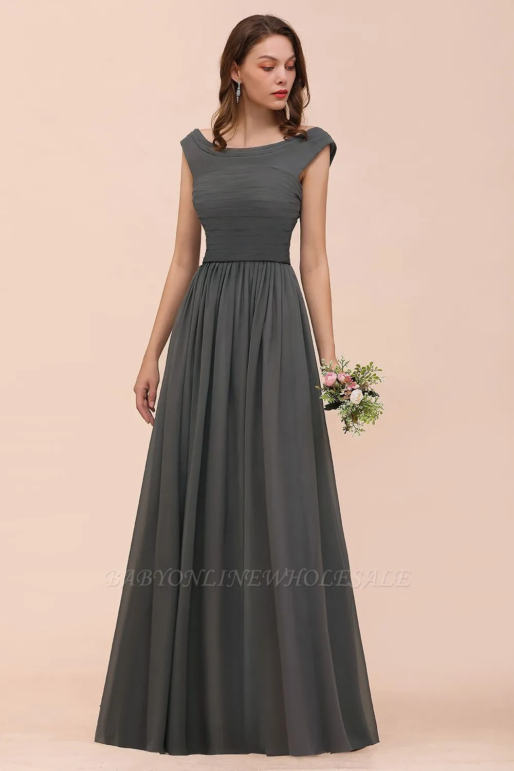 Grey Cap Sleeves 100D Chiffon Long Evening Dress With Side Slit - Image 6