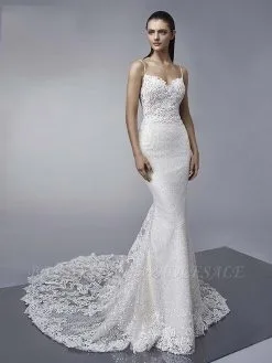 Spaghetti Straps Shiny Sequins Mermaid Wedding Dresses | Backless Appliques Bridal Gowns