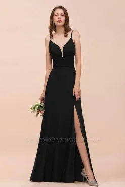 Charming Deep V-Neck Black Bridesmaid Dress With Side Slit With Spaghetti Straps