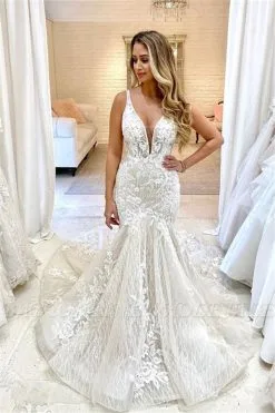 Sleeveless Deep V-neck Mermaid Summer Bridal Gowns