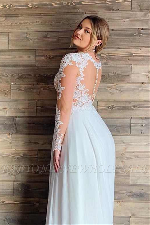 A-line Sheer Tulle Lace Wedding Gowns | Long Sleeve Floor Length Beach Bridal Gowns - Image 2
