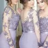 Long-Sleeve Lavender Lace Appliques Buttons Illusion Mermaid Popular Bridesmaid Dress