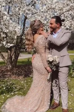 Stunning Crystals Beading Mermaid Wedding Dress Long Sleeves