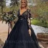 Elegant Black V-neck A-line Ball Gown Prom Dress