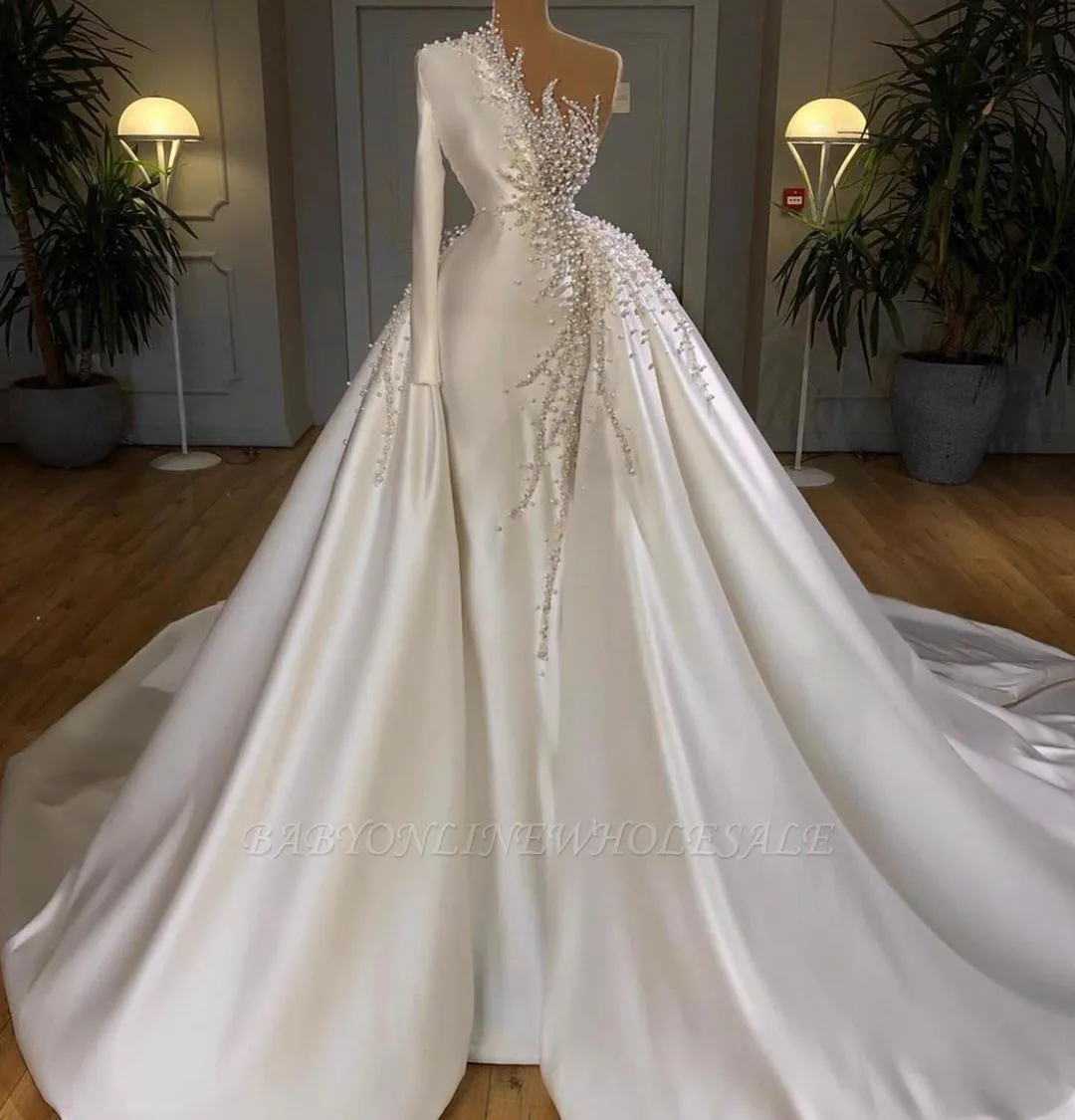 Charming One Shoulder Satin Mermaid Wedding Gowns Pearls Beading Party Gowns - Image 3